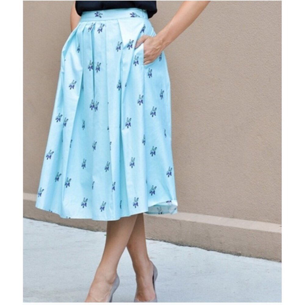 Catherine Malandrino Blue Skirt Frenchie Bull Dog Midi A-line Size 4 Retro Party